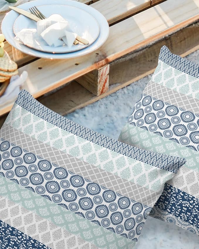 Outdoor Waterproof Throw Pillow Covers Set of 2 Blue Boho Stripe Tribal Vingtage Lumbar Pillowcases 20x20 Inches Bohemian Style Decorative Pillows Cushion Case Patio Pillows for Couch Bed Garden
