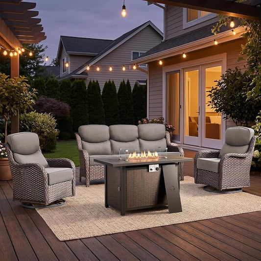 Luxury High Back Outdoor Furniture with 6-inch Extra Thick Cushions, Patio Furniture Set with Fire Pit Table & Swivel Chairs, 4 PCS Wicker Conversation Set for Yard, Deck, Poolside, Brown/Grey