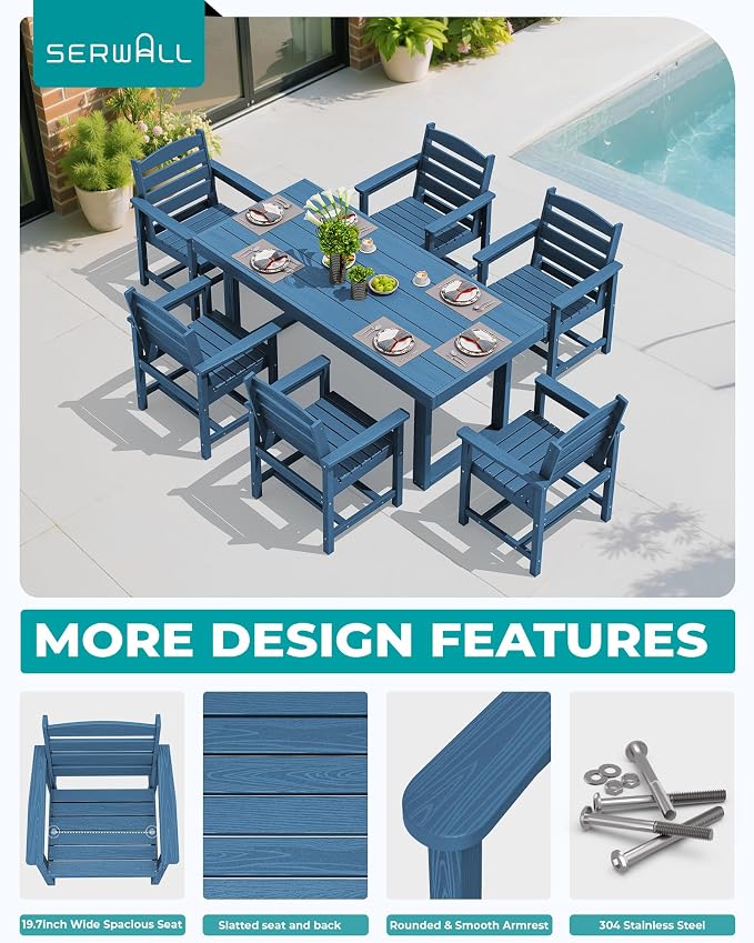 SERWALL HDPE Outdoor Dining Set for 6, 67'' Patio Table and Chairs Set | with Armchair Seat