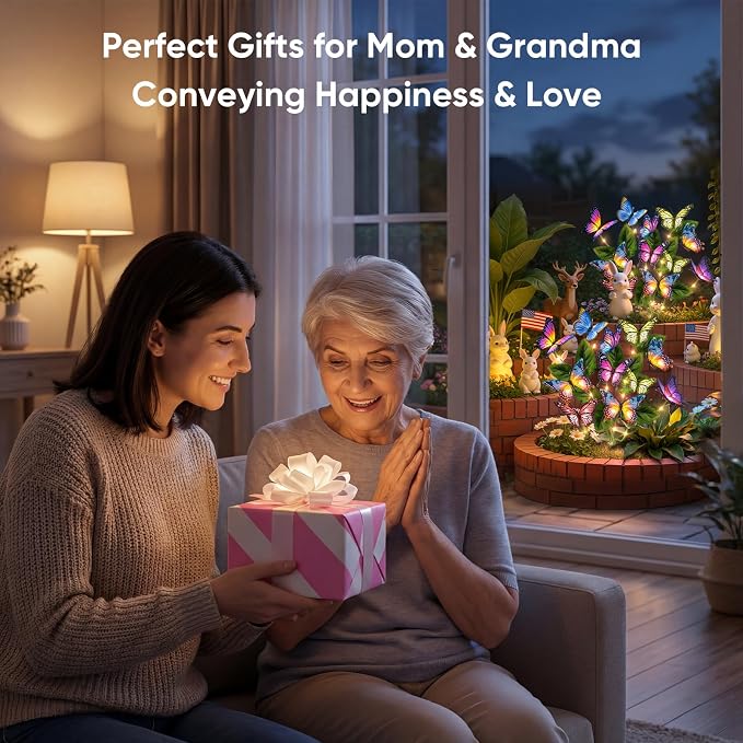 Solar Lights Outdoor Garden Decor: 8 Pack 136 Silk Butterflies with 176 Color-Changing LEDs - Auto On/Off 12H Magical Lighting IP65 Waterproof for Yard Patio Pathway - Unique Gifts for Mom Grandma