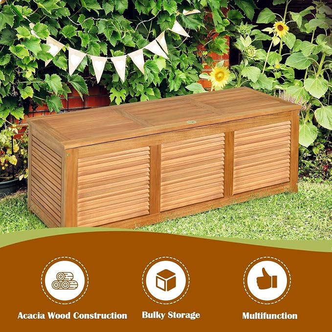 Byroce 46 Gallon Acacia Wood Deck Box, Outdoor Storage Bench for Patio | FSC acacia wood, teak oil finish, 46 gallon, 355 lbs, shutter front, metal hinges, ventilated slat sides, for patio garden