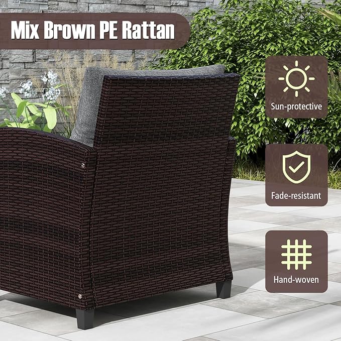 Tangkula 3 Pieces Patio Furniture Set, PE Rattan Wicker 3 Pcs Outdoor Sofa Set w/Washable Cushion and Tempered Glass Tabletop, Conversation Furniture for Garden Poolside Balcony (Grey)