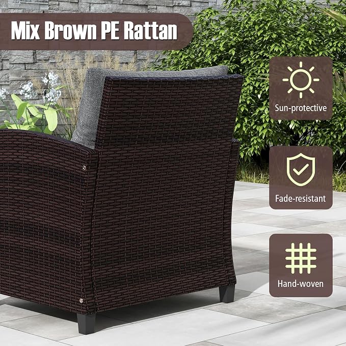 COSTWAY 3PCS Patio Furniture Set, PE Rattan Wicker Sofa w/Washable Cushion and Coffee Table, Tempered Glass Tabletop, Outdoor Conversation Set for Balcony, Porch, Yard, Backyard, Lawn (Grey)