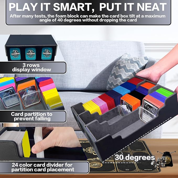 PROMAXIBINDER MTG Trading Card Storage Box with Playmat Fits 3000+ Cards, B-Row Commander Deck Case, 3 Display Windows, 6 Movable Partitions, 24 Dividers, for Magic/TCG/YuGiOh/Sport (Black&Grey)