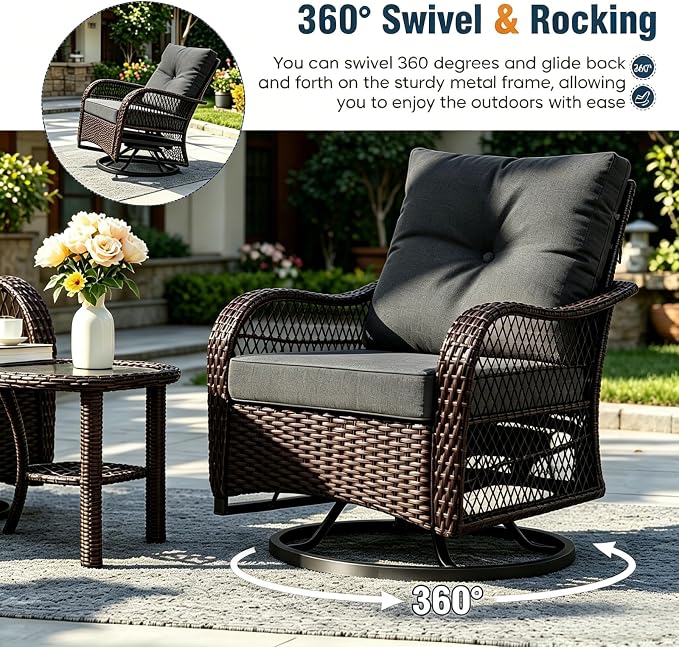 Outdoor Swivel Rocker Patio Chairs with Cushions，Outdoor Swivel Rocking Chairs Set of 2 with Rattan Side Table，360 Degree Swivel Seat Patio Furniture Set for Outside Porch Deck，3 Pieces
