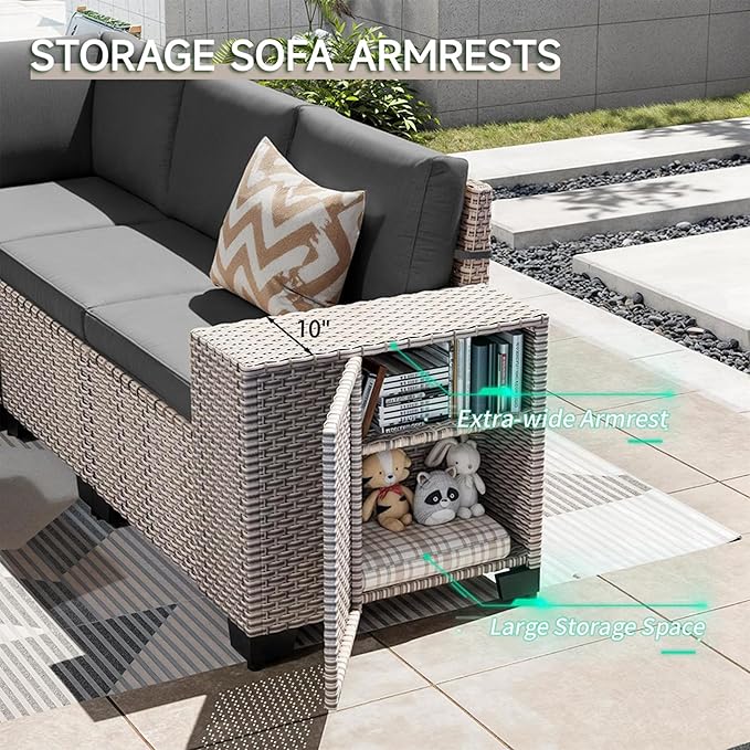 10-Piece Outdoor Patio Furniture Set, Modular Sectional Sofa Set with Swivel Rocker Chairs & Fire Pit, Wicker Outdoor Couch Conversation Sets w/Coffee Table and Cushions, Gray