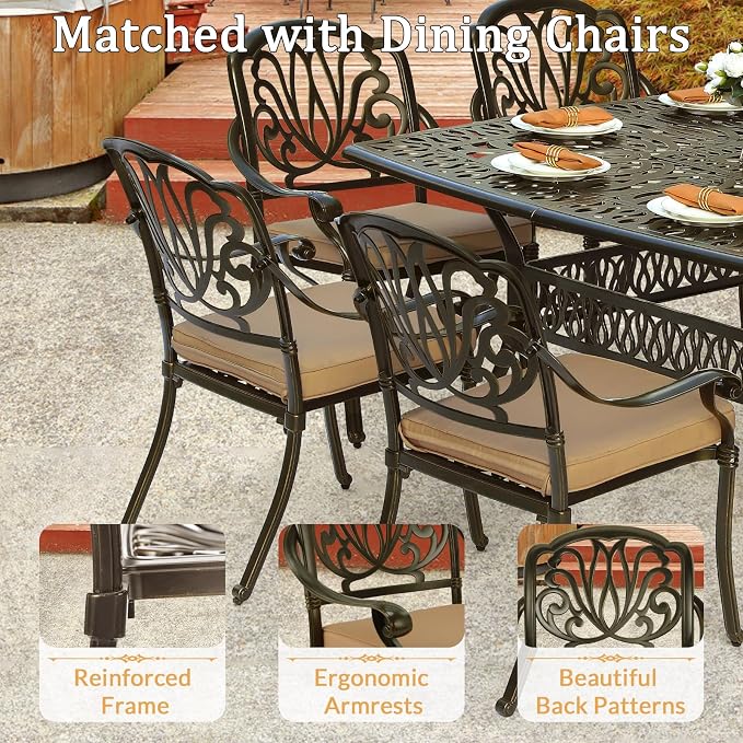 9 Piece Outdoor Patio Dining Set for 8, Cast Aluminium Large Square Dining Table & 8 Cushioned Stackable Chairs, Umbrella Hole, Patio Furniture Set for Garden Porch Poolside, Khaki