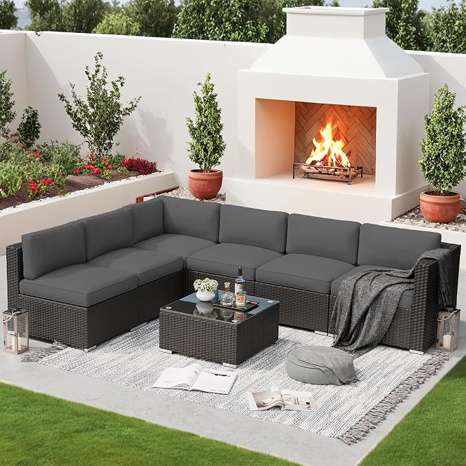 Betterland 7 Piece Outdoor Sectional Sofa Patio Furniture Set, All-Weather PE Rattan Wicker Patio Conversation Set with Washable Cushion and Glass Table(Grey)