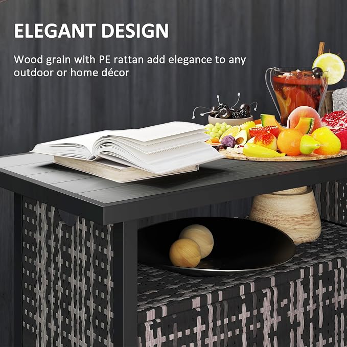 Outsunny Outdoor Pool Towel Storage Cabinet Organizer, Outdoor Bar Table with Shelf and Cabinet, Pool Towel Holder Pool Valet with Weather-Resistant PE Rattan and Steel Frame, Mixed-Gray
