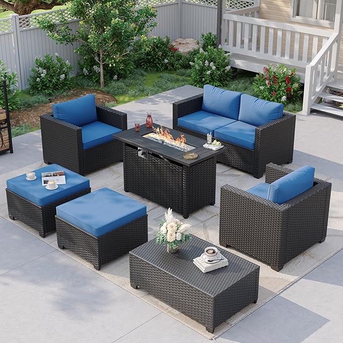 Aoxun Patio Furniture Set with Fire Pit Table, 6 Seats Piece Outdoor Furniture Set with Wicker Ottomans, Rattan Outdoor Sectional Sofa with Storage Table & Waterproof Cover Navy Blue
