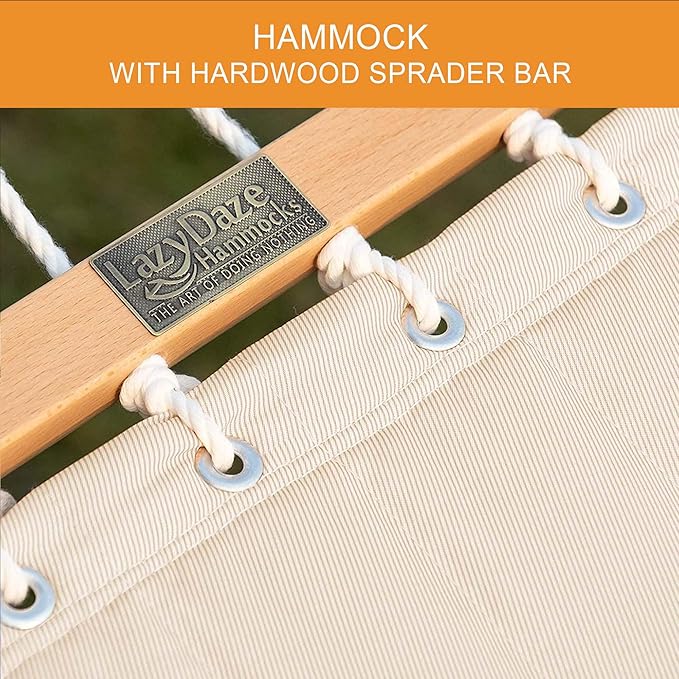 Lazy Daze Hammocks 12 FT Double Quilted Fabric Hammock and 13 FT Brown Wood Arc Stand, with Spreader Bar, Removable Pillow, 2 Person Hammock for Poolside Outdoor Patio, 450 lbs Capacity, Natural