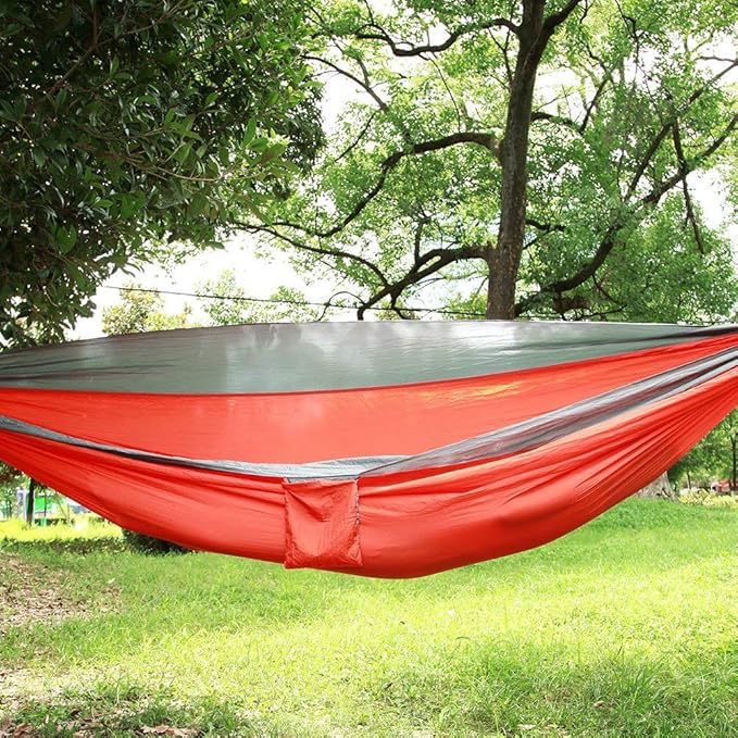 Portable Camping Travel Single Hammock, Lightweight Hanging Bed with Tree Straps and Metal Buckles, Durable Nylon Hammock for Outdoor Backpacking Hiking Beach (with Tree Gray and Orange)