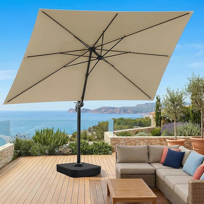 Olilawn 9' X 12' Patio Umbrella with Base Included, Large Outdoor Cantilever Offset Patio Umbrellas Rectangular Aluminum Umbrella with 360-degree Rotation & Infinite Tilt Adjustment for Backyard Hosting, Poolside Luxury, Garden Soirees, Coastal Deck En...