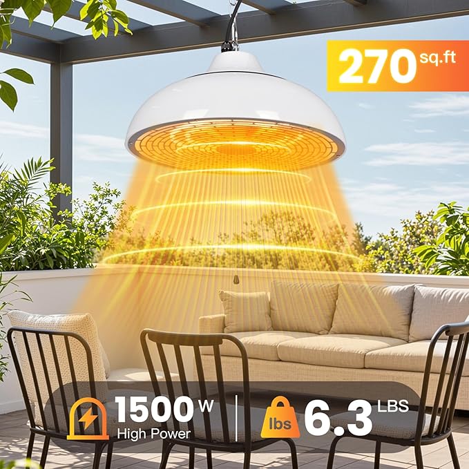Electric Outdoor Heater for Patio, 1500W Infrared Heater for Indoor & Outdoor, IP55 Waterproof, Fast Heating, Tip-Over Protection, Perfect for Garden, Balcony, Garage (white, hanging)
