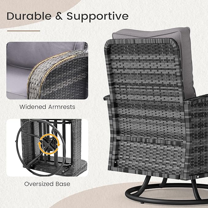 Kromax Outdoor Patio Furniture Set, All-Weather Wicker Swivel Glider Chairs Set of 2 with Coffee Table Table & Thick Machine Washable Cushions for Backyard, Garden, Porch, Grey/Grey