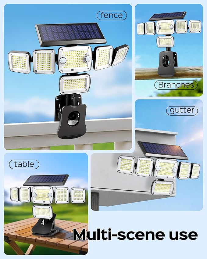 Solar Flood Lights Outdoor,6000LM 336 LEDs Dual Clip on Motion Sensor Lights with 360° Wide Angle &3 Modes, IP65 Waterproof Security Lights for Yard Patio Garage Garden,2Pack