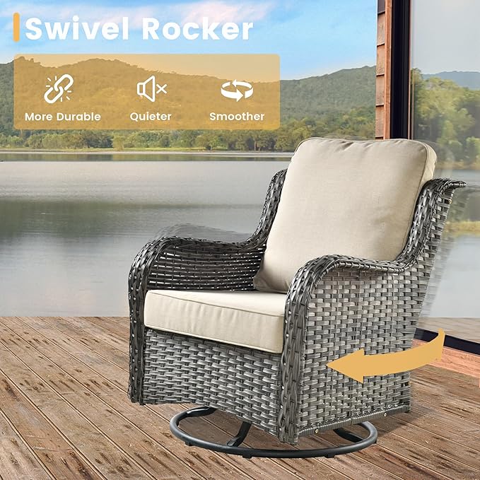 HOOOWOOO Patio Outdoor Sectional Furniture Sofa Set with Swivel Chairs,8 Piece L Shaped Corner Wicker Rattan Couch Set with Glass Table,Modern 6 Persons Summer Patio Conversation Set(Beige Tan)