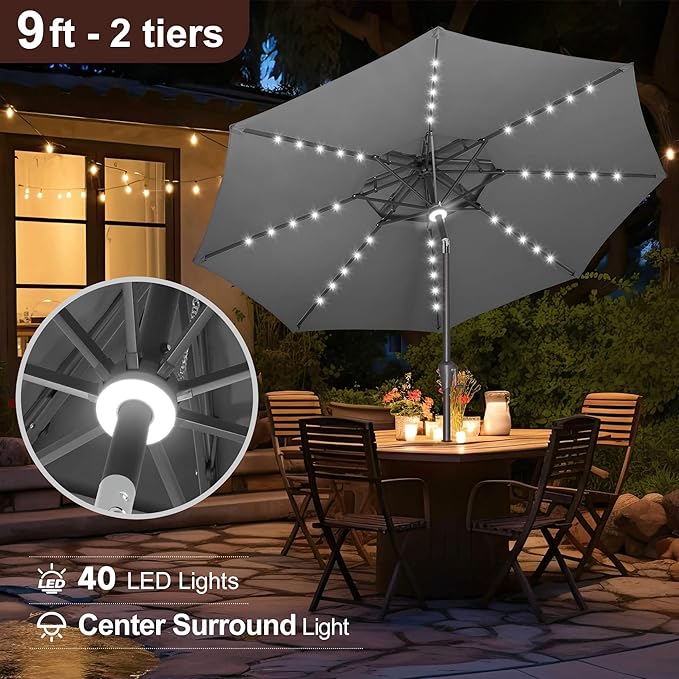 FLAME&SHADE 2 Tiers 9ft Solar Light Patio Umbrella, 40 LED lights outdoor umbrella with Centre Surround Light, Table Market Umbrella for Deck, Pool, Porch, Backyard, Garden (Anthracite)