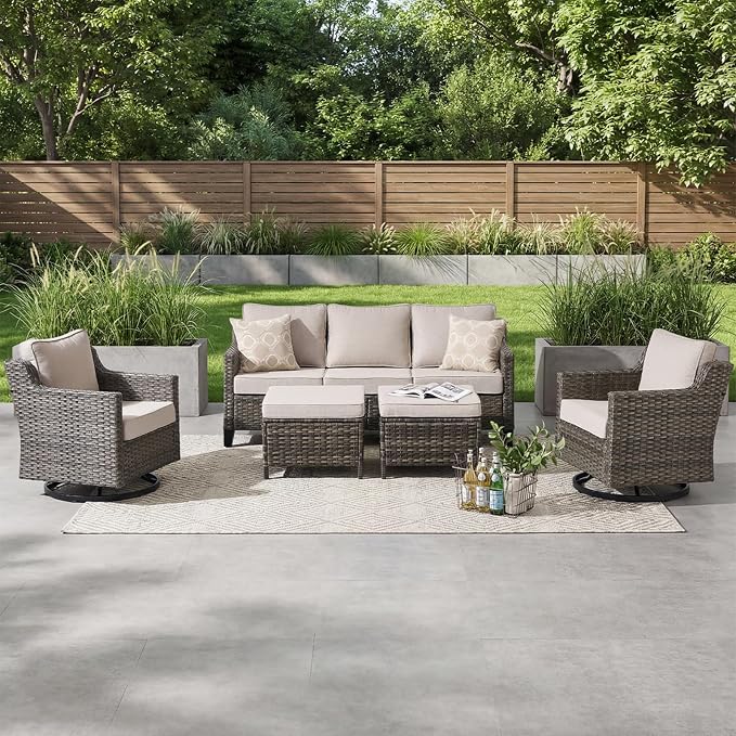 Outdoor Furniture Set of 5, Patio Chairs with Luxury 4" Cushion, Wicker Swivel Rocker Patio Chairs, and Side Table, High Back&Deep Seat for Garden Deck Porch Balcony Backyard - Beige