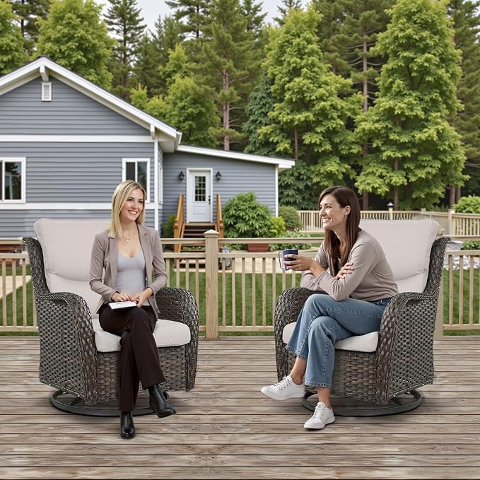 Outdoor Swivel Rocker Patio Chairs Set of 4 with Coffee Table - 5" Thick Cushion 7 Piece Furniture Set All Weather Comfortable Wicker Conversation Set for Porch Deck - Brown/Beige