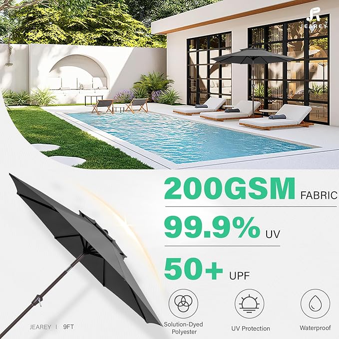 JEAREY 9' 2-Tiers Patio Umbrellas Outdoor Table Market Umbrella w/Push Button Tilt/Crank, 8 Sturdy Ribs, UV Protection Waterproof Sunproof(Gray)