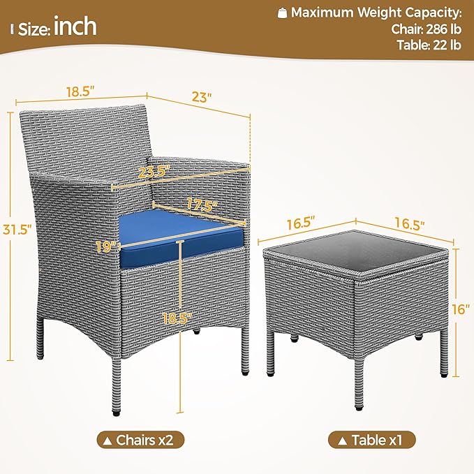 Yaheetech 3 Pieces Patio Porch Furniture Set, Outdoor PE Rattan Wicker Conversation Set with Soft Cushions, Glass Coffee Table & 2 Chairs for Garden/Deck/Courtyard/Poolside, Gray/Dark Blue