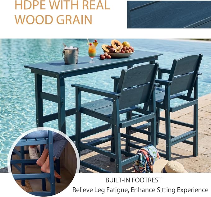 2 Pack Outdoor Bar Stools, HDPE Patio Bar Chairs with Armrests & Footrest, Weather Resistant All-Weather Counter Height Chairs for Outdoor Deck, Backyard, Poolside,Blue