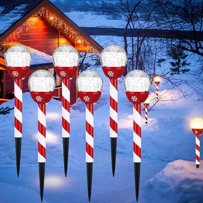 Tujoe 6 Pcs Christmas Solar Pathway Lights Outdoor Stainless Steel Solar Candy Cane Path Torch Lights for Yard Patio Garden Outside Walkway Driveway Landscape Stakes Xmas Outdoor Decorations