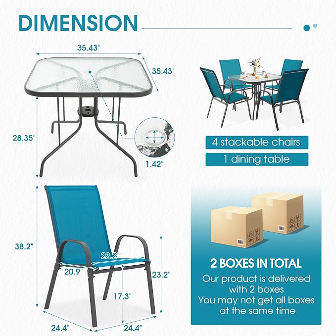 5 Piece Patio Dining Set with Wider 24.4" Stackable Chairs, Outdoor Dining Set for 4 with 36"*36" Table, Gery Metal Frame and Blue Textilene