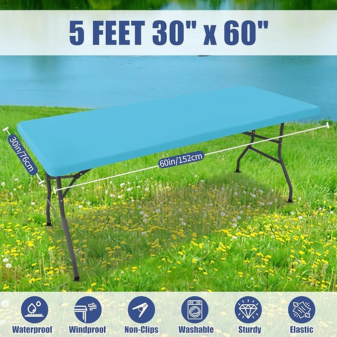 Moosfor Spandex 5 Foot Rectangle Table Cloth 2 Pack, Elastic Fitted Tablecloths for Picnic, Stretch Washable Patio Table Cover for Outdoor, Camping, Banquet and Parties (Blue Mist, 30"x60")