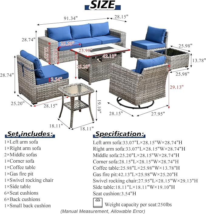 HOOOWOOO Outdoor Patio Sectional Furniture Sofa Set with Large Fire Pit Table,9 Piece Modern Wicker Couch with Swivel Chair,Modular Conversation Seating Set with Widened Armrest(Navy Blue)