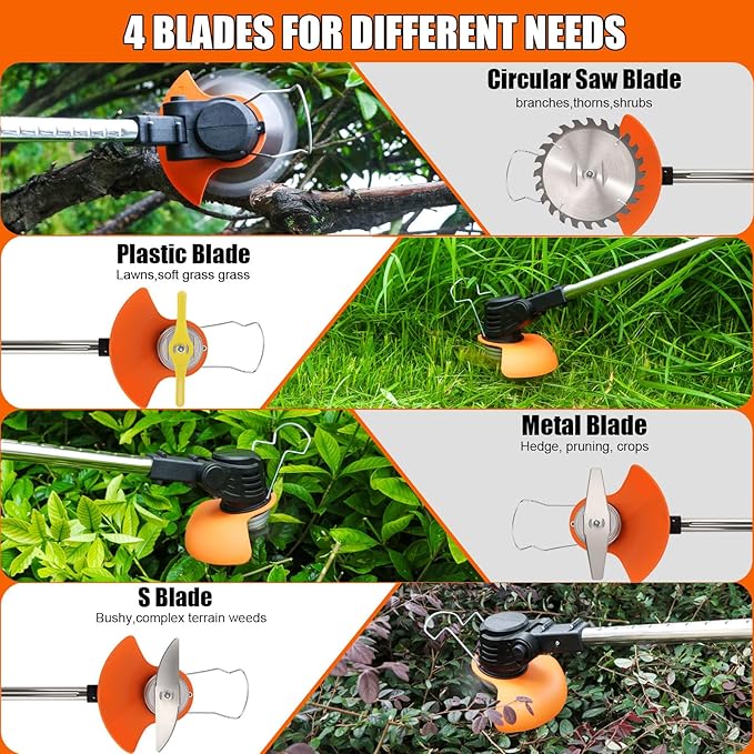 21V Cordless Weed Wacker for Thick Weeds, Lawn & Yard, 3-in-1 String Trimmer/Edger/Brush Cutter with 2 Batteries, 4 Blades & Wheels, 90° Pivot Head, Adjustable Height, Lightweight Easy for Homeowners