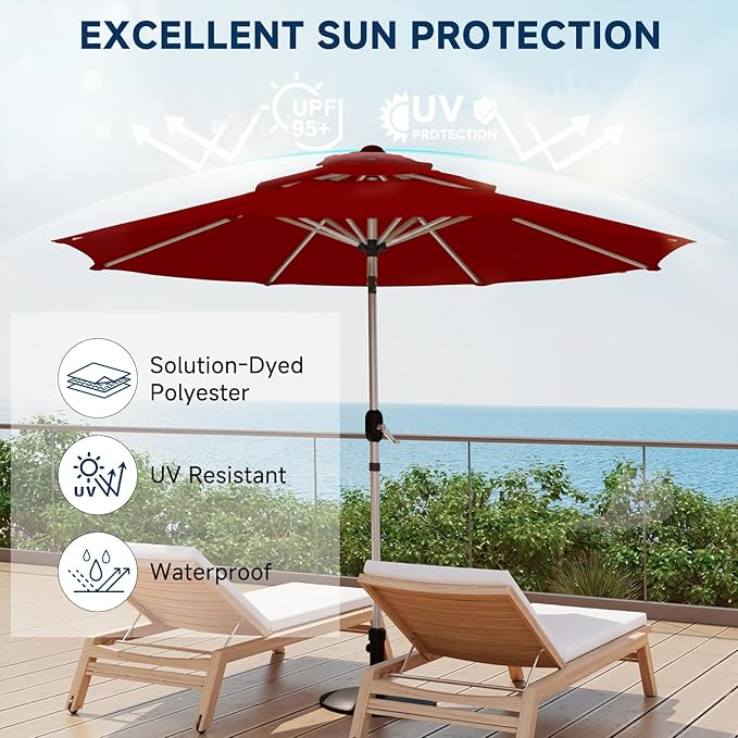 10FT 3-Tier Aluminum Outdoor Patio Umbrella, Fade-Resistant Market Umbrella with Push Button Tilt Function, 8 Sturdy All-Aluminum Ribs for Gardens, Patios, Backyards & Pools