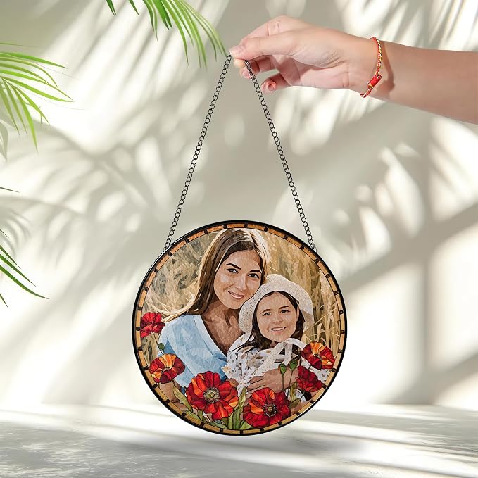 Custom Photo with Flowers, Personalized Stained Glass Window Hanging Suncatcher - Mother's Day, Birthday Gift for Mom, Grandma, Family, Portrait Family