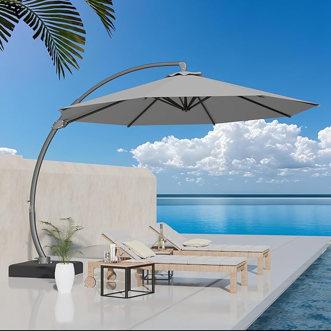 Kingdura 12ft Offset Cantilever Patio Umbrella with Base Included, Large Round Aluminum Outdoor Umbrella, 360° Rotation & Infinite Tilt, Heavy Duty Frame for Deck Pool Backyard, Light grey