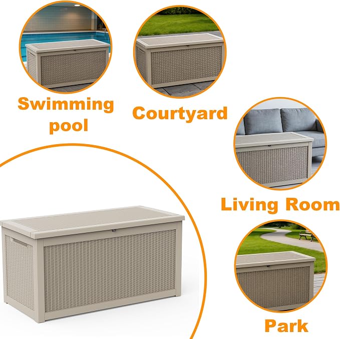 320 Gallon Heavy Duty Wicker Outdoor Storage Box, Weather Resistant Rattan Textured Lockable Large Container for Backyard, Pool & Patio Bulk Outdoor Item Storage (Grey,320GAL)