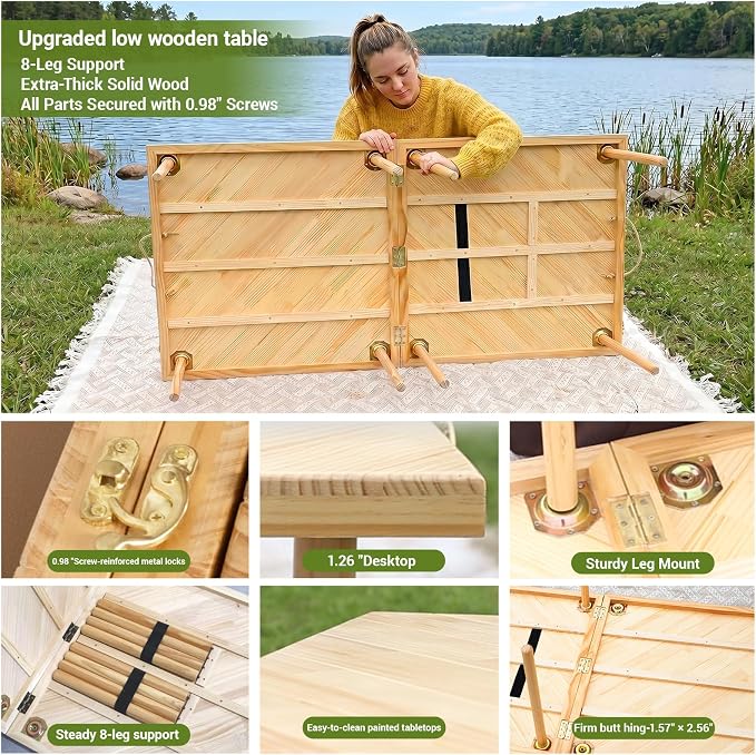 Upgraded Mini Low Wooden Folding Picnic Table with 8-Legs, Thick Varnished Tabletop, 44"×30" Portable Boho Beach Table with Table Runner for Yard, Indoor & Outdoor (Diagonal)