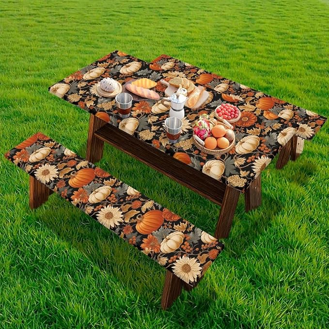 Pumpkin Picnic Table Cover with Bench Covers, Fall Harvest Fitted Table Cover, Outdoor Patio Camping Essentials 3PCS Waterproof Camping Fitted Tablecloth for Thanksgiving