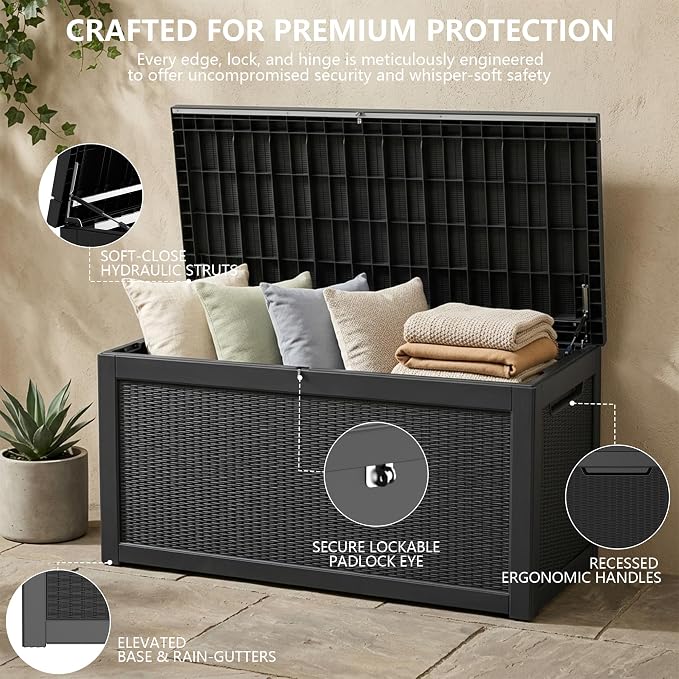 Outdoor Storage Box, 320 Gallon Waterproof Deck Box [Upgraded 3.0], Dual Gas-Spring Ultimate Resin Organizer for King Cushions, Heavy-Duty Lockable Estate Storage Bench, Backyard BBQ, Black