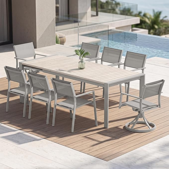 9-Piece Extendable Patio Dining Set with 2 Swivel Chairs, Never-Rust Aluminum Outdoor Dining Table Set, Oversized Expandable Dining Table with Wood Grain Top and Stackable Chairs for Balcony