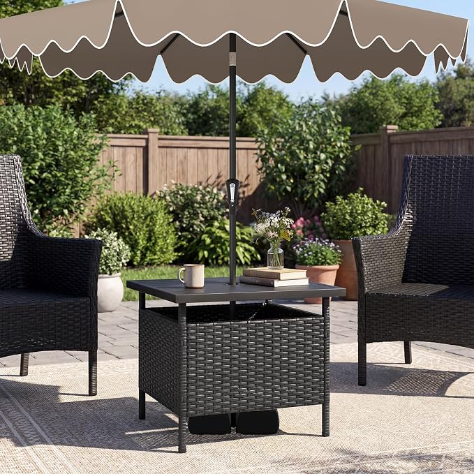 HAPPYGRILL Patio Umbrella Table Stand, Rattan Outdoor Side Table with Umbrella Hole, PE Wicker Frame, for Patio Garden Deck Poolside (Black)