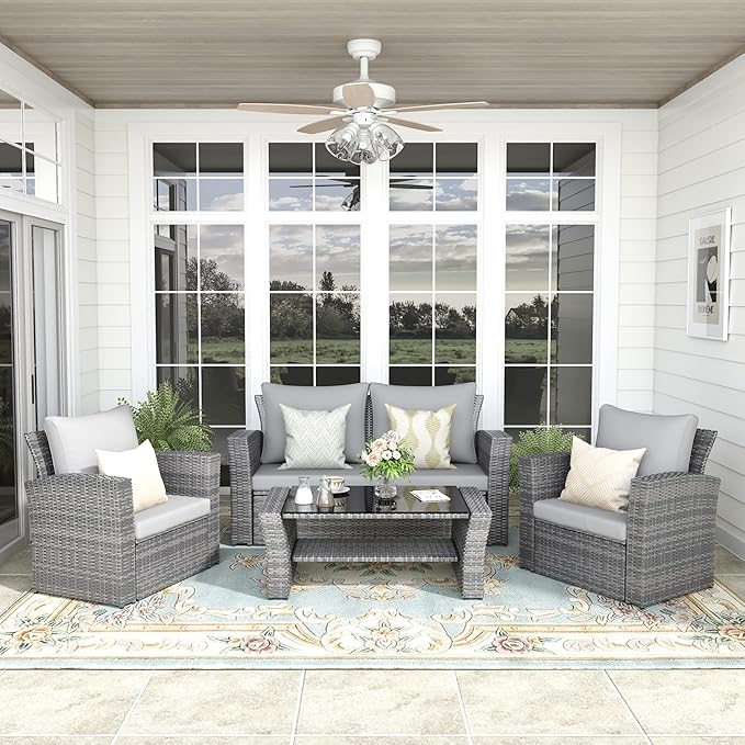 4-Piece Outdoor Patio Furniture Set, All Weather Wicker Rattan Sectional Sofa Conversation Seating Set with Cushions & Large Glass Coffee Table, Ideal for Garden Backyard Porch, Grey