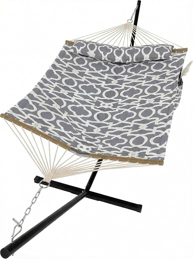 2 Person Hammock with Stand, Foldable Steel Frame Heavy Duty 450lb Capacity, Portable Polyester Fabric Hammocks for Backyard Patio Camping, Carrying Bag and Side Pocket Included