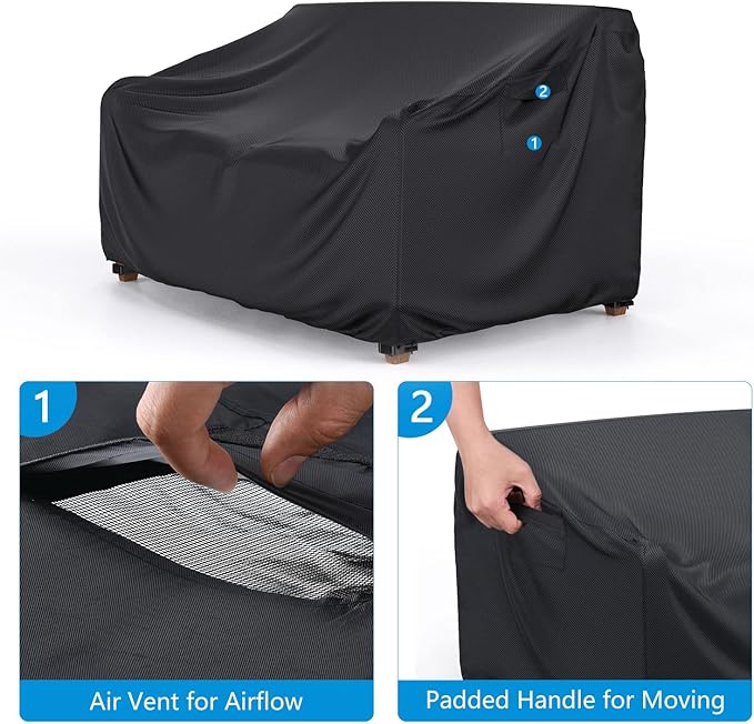 Heavy Duty Patio Sofa Cover Waterproof, Mrrihand 2-Seater Outdoor Sofa Loveseat Cover, Outdoor Patio Furniture Cover with Air Vent and Handles, 60" W×34" D×30" H, Black