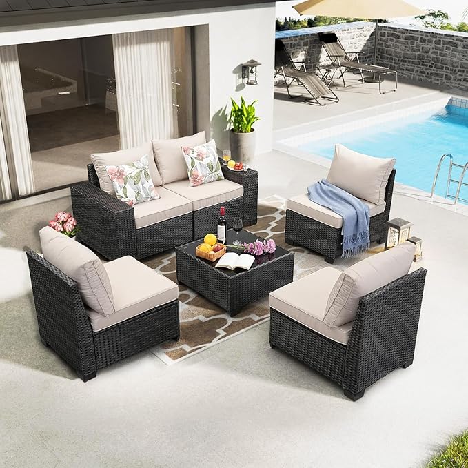 6 Pieces Patio Furniture Set,Wicker PE Rattan Outdoor Sectional with Cushion & Coffee Table, Patio Conversation Sofa for Garden, Backyard, Poolside, Beige