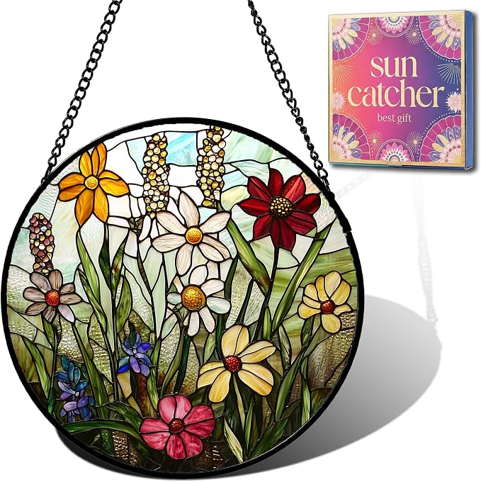 Birthday Gifts for Women - Wildflowers Faux Stained Glass Window Hanging Sun Catcher for Door Garden Acrylic Decor Mother's Day Christmas for Mom Nana Grandma Sisters Wife 9.8"