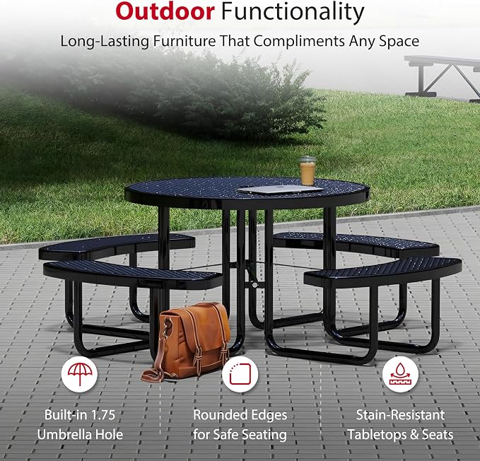 Leisure Craft Metal Picnic Table with Bench - 46" Round Outdoor Dining Table for 8 with Umbrella Hole, Weatherproof Heavy Duty Thermoplastic Coating, Commercial Grade Furniture Made in USA - Black