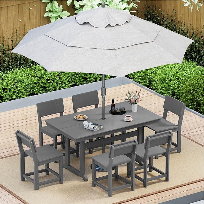 7-Piece HDPE Outdoor Patio Dining Set,Modern Plastic Dining Sets，Patio Table and Chairs Set with Umbrella Hole Cut-Out Table and 6 Chairs Gray