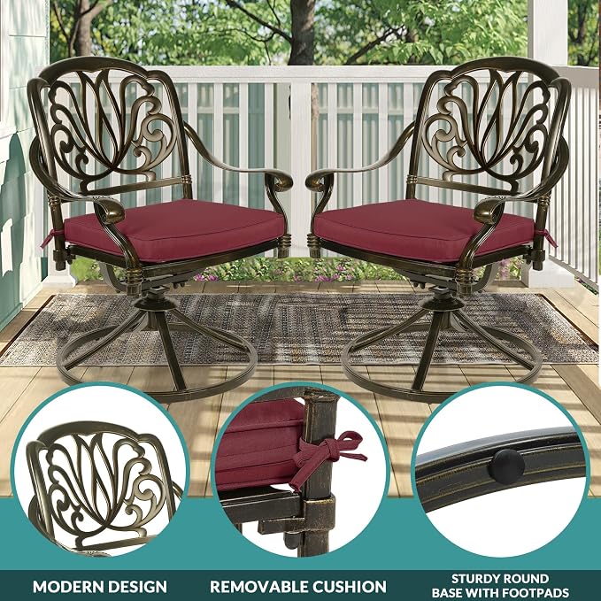MEETWARM 9-Piece Outdoor Patio Dining Set for 8, All Weather Cast Aluminum Patio Funiture Table and Chairs Set- Large 64" Square Table and 8 Cushioned Swivel Rocker Chairs, 2.2" Umbrella Hole, Red