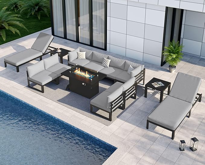 NICESOUL 13 Piece Large Modern Aluminum Patio Furniture Set, Water & Fade Resistant Modular Outdoor Conversation Set with Lounge, 500 lbs Heavy Duty Comfortable Sectional Sofa for Poolside, Light Gray